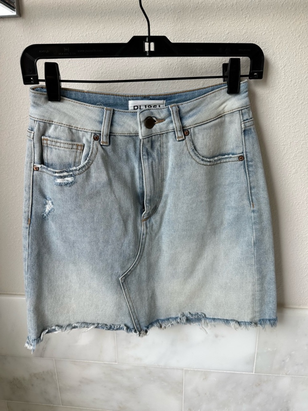 DL1961 Light Blue Distressed Denim Mini Skirt